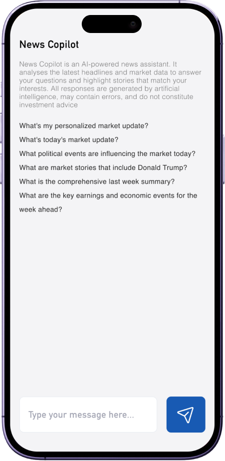 News Co-Pilot interface showing personalized market questions