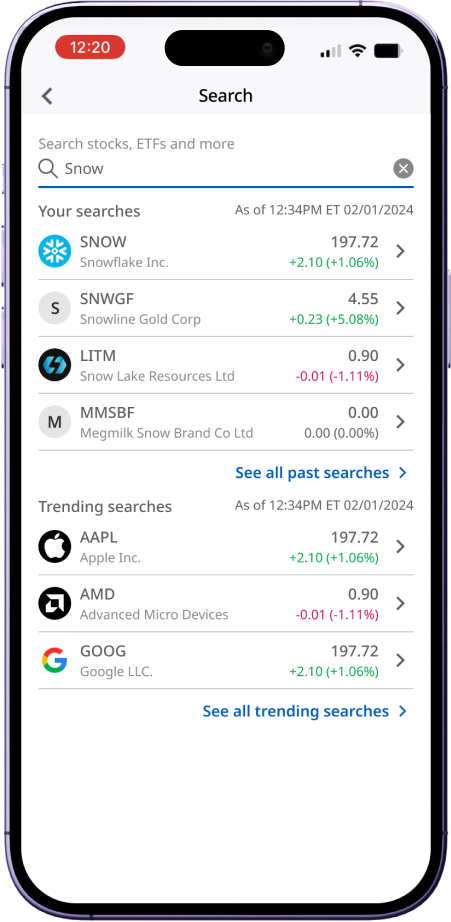 Mobile interface showing personalized stock search results